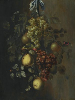 A Festoon of Grapes, Apples and Pears Hanging from a Nail, with Snails, Butterflies and a Parrot