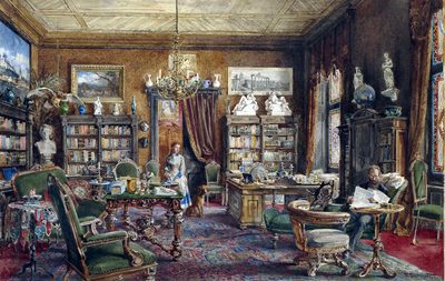 A gentleman and a maidservant in an interior of a library