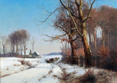 A horse-drawn sledge in a snowy landscape