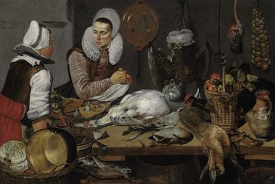 A kitchen interior with a maid and a lady preparing game