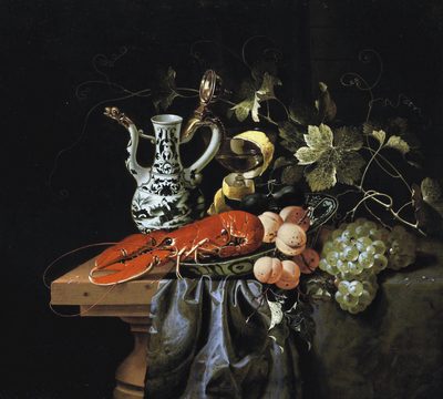 A lobster, apricots and plums in a wan-li kraak porcelain bowl with a wine glass, an ewer and vine leaves on a partly draped table