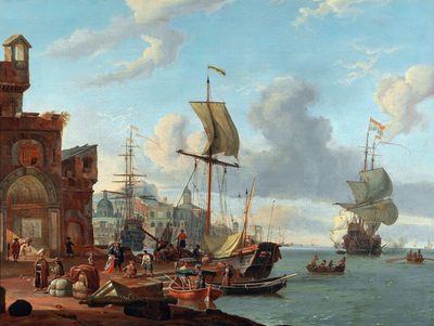 A Mediterranean Seaport with a man-of-war and other ships off the coast with numerous figures