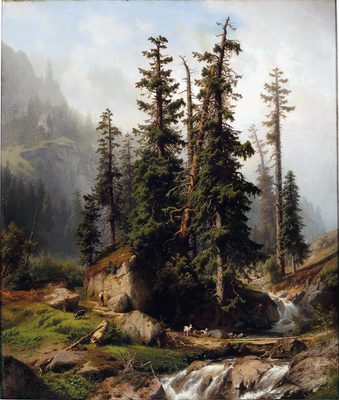 A shepherd and goats in a mountainous landscape