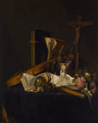 A Vanitas Still Life of a Violin, Books, an Inkwell, Manuscripts, a Roemer, a Flute, a Crucifix and a Wreath of Flowers on a Cloth Covered Table