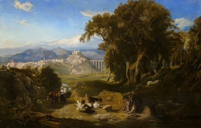A view of the Umbrian campagna with Spoleto in the distance and a goatherd and his flock in the foreground