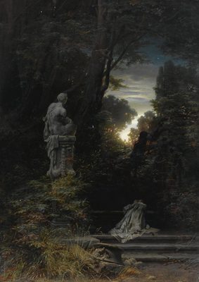 A Woman at the Fountain with Rising Moon