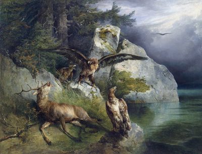 Adler und sterbender Hirsch am Seeufer (Eagles and dying deer on the lake shore)