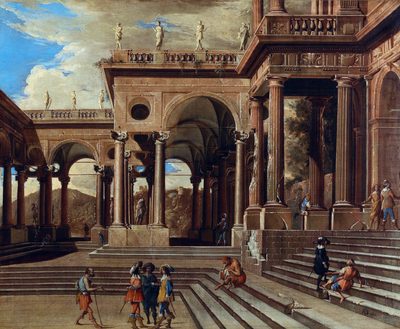 An architectural capriccio with figures in front of a portico