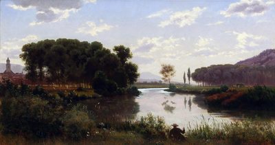 Angler by the River in the Evening Light