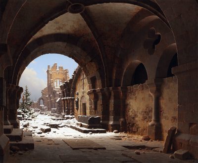 Blick auf die Kirchenruine im Winter