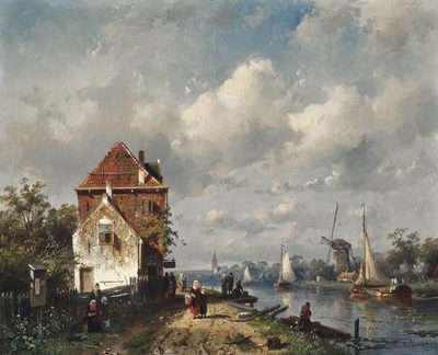 Figures strolling by a Dutch canal