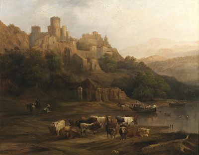Herd of Cattle Resting on a Riverbank in Front of a Castle