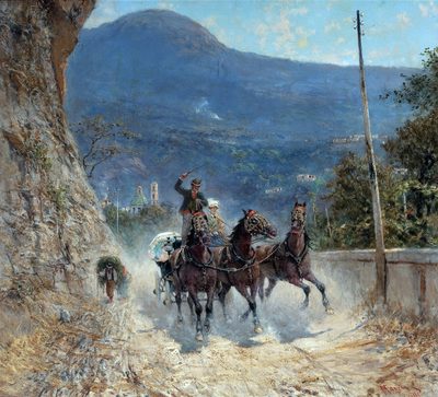 Horses and Travelers Ascending an Italian Mountain Road