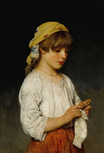 Knitting Girl with Headscarf