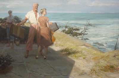 Man welcoming a girl to the island, Woman's Home Companion story illustration