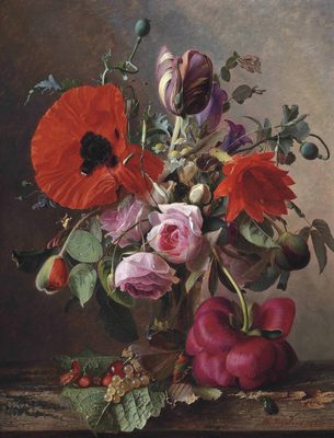 Poppies, tulips and roses in a vase by strawberries and grapes on a wooden shelf
