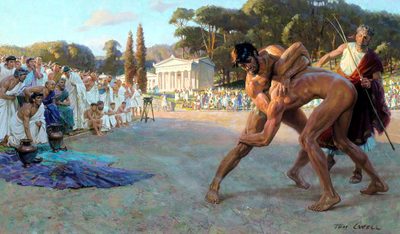 Referee Watches Greek Wrestlers in Ancient Olympic Games