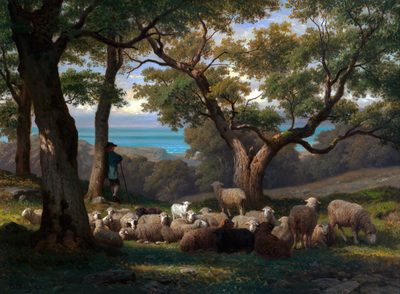 Shepherd and Flock in Landscape