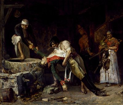 Spain 1812, French Occupation (Two Spanish partisans struggle to dispose of the corpse of a French cuirassier by dumping it into a well)