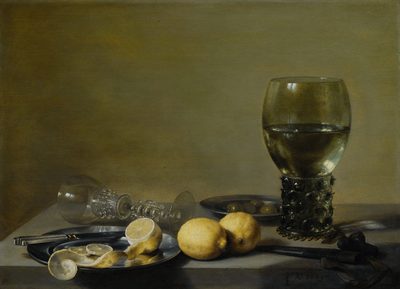 Still Life of Lemons and Olives, Pewter Plates, a Roemer and a Façon-de-Venise Wine Glass on a Ledge