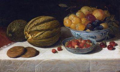 Still Life with Melons, Plums, Cherries, and Bread on a Table Draped with a White Damask Tablecloth