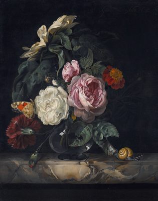 Still Life with Roses, a Carnation and a Sunflower in a Glass Vase, on a Marble Ledge