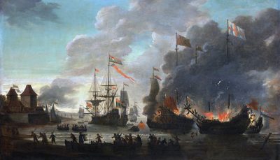 The Dutch burning English ships during the Raid on the Medway, 20 June 1667