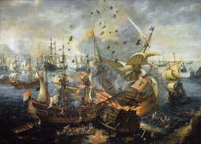 The explosion of the Spanish flagship during the Battle of Gibraltar, 25 April 1607