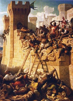 The Siege of Acre. the Hospitalier Master Mathieu de Clermont defending the walls in 1291