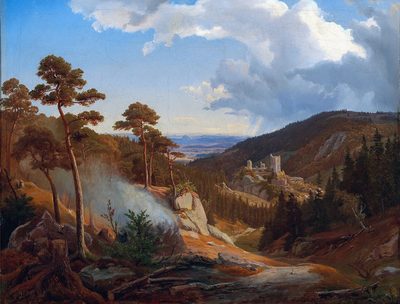 View of the Riesenburg ruins (Osiek) with charcoal burning in the foreground