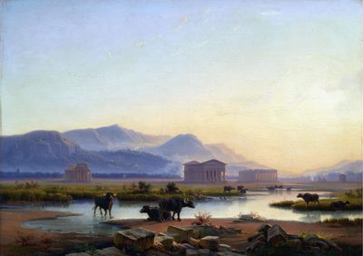 View of the temples of Paestum in the evening light